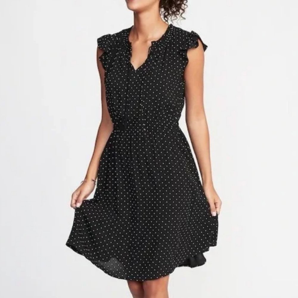 Old Navy Stretch Waist A-line Flutter Sleeve Polka Dot Black Dress Size S Tall